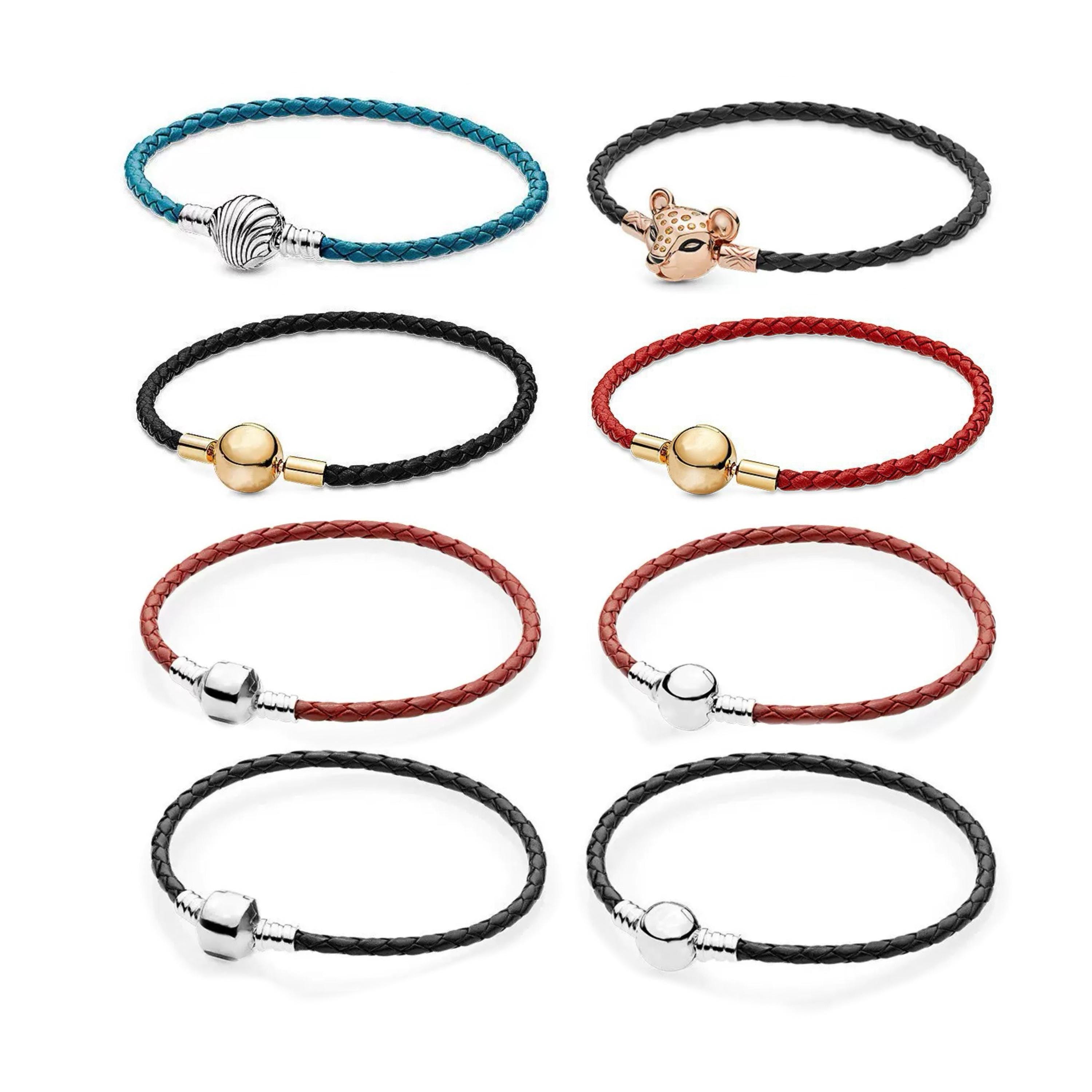 925 Silver Classic Multi-color Bracelet Leather Strap Black Bracelet Pandora