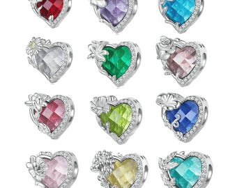 Birthday Birthstone flower 925 Sterling Silver Charms fits Pandora Bracelet Heart Charm Birthday gift for her BUY 3 GET 60% OFF