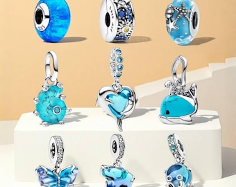 Blue Maruno Glass Jungle Theme 925 Sterling Silver Charms fits Pandora Bracelet Ocean charm Summer Jewelry Charm Bracelet Gift for her