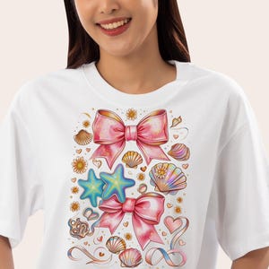 Floral Coquette Seashell PNG, Coquette Seashell and Bow T-Shirt Design, Pastel Starfish Summer PNG, Preppy Beach Girl Aesthetic Tee