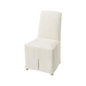 May include: A cream-coloured dining chair with a skirted base. The chair features a tall back and a square seat. The legs are made of light-coloured wood. The chair is designed for indoor use.