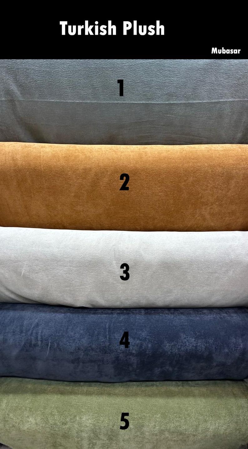 May include: Image showcasing five plush fabric samples in various colors. The samples are labeled with numbers and include shades of gray, brown, white, navy blue, and olive green. The text "Turkish Plush" is at the top.