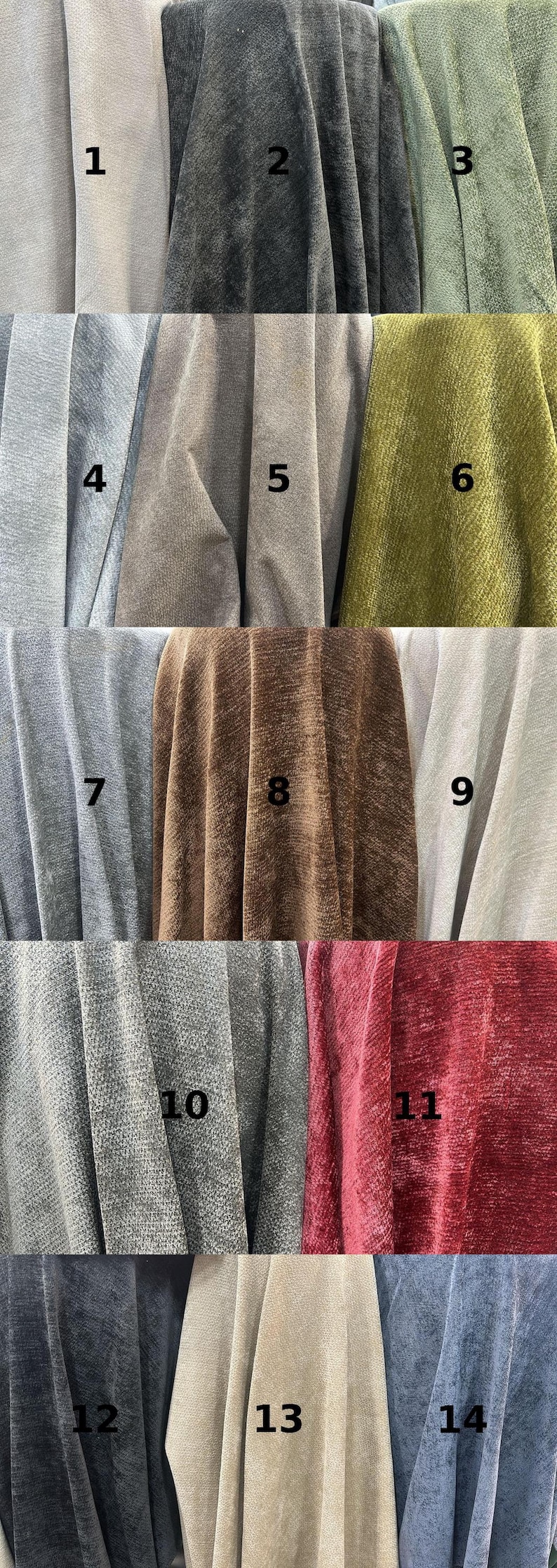 May include: A collection of fabric swatches in various colors and textures. The swatches include shades of gray, green, brown, and red. The fabrics appear to be velvet or a similar plush material, suitable for upholstery or drapery.