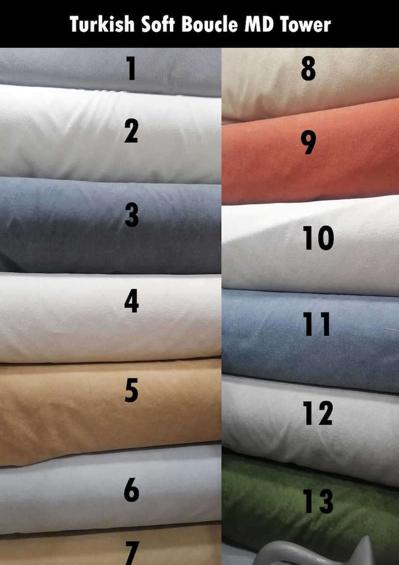 May include: Image of a Turkish Soft Boucle MD Tower. The image displays a variety of fabric swatches in various colors, including light gray, white, navy blue, tan, and rust. The swatches are numbered 1 through 13.