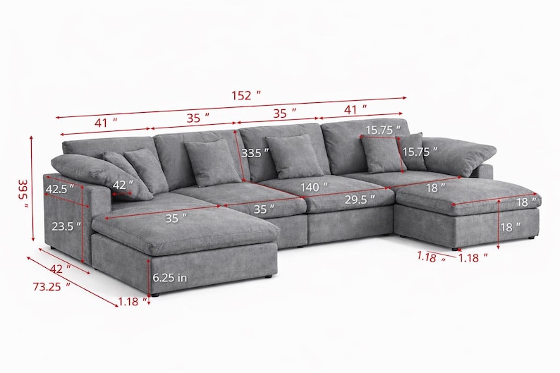 May include: A large, gray sectional sofa with multiple cushions and a chaise lounge. The sofa measures 152 inches long and 73.25 inches high. It includes several throw pillows and is designed for comfortable seating.