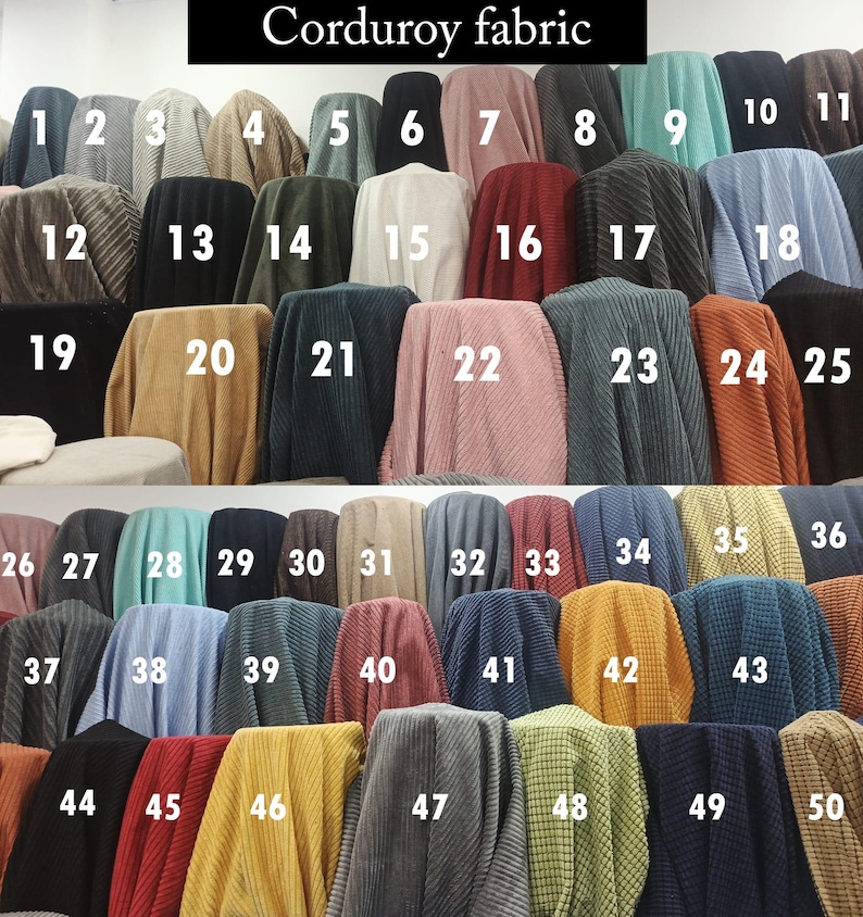 May include: A collection of corduroy fabric swatches in various colors, including shades of brown, black, green, pink, blue, and yellow. Each swatch is numbered for easy identification. The text "Corduroy fabric" is at the top.