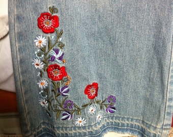 Sale Vintage Floral Embroidered Flared Jeans Hipsters Boho Hippie xxs xs