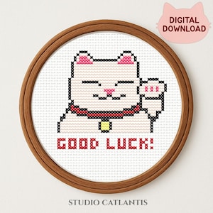 Lucky Cat Cross Stitch Pattern: Maneki Neko Embroidery (Digital PDF Download)