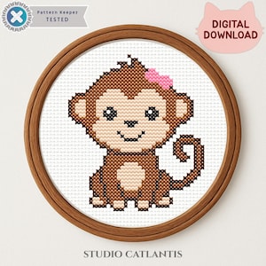May include: A cross-stitch design of a cartoon monkey with brown fur, a pink bow, and large black eyes, framed in a wooden embroidery hoop. The text "DIGITAL DOWNLOAD" is in a pink cat-shaped bubble. The text "Pattern Keeper TESTED" is in a blue and white badge.