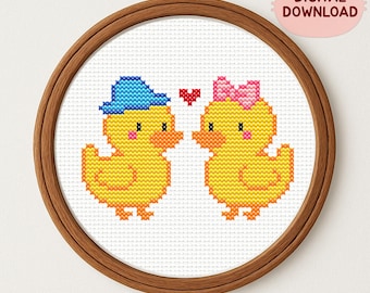 Patrón de punto de cruz de patos: Pareja de patitos, arte sencillo con bastidor de animales (descarga digital en PDF)