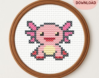 Mini Axolotl Cross Stitch Pattern PDF: Kawaii Pink Salamander Design, Tiny Axolotl Chart