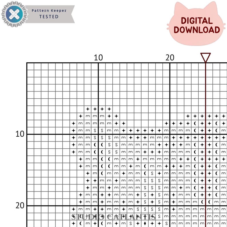 Puede incluir: Una cuadr&iacute;cula de patr&oacute;n de punto de cruz digital con un dise&ntilde;o en progreso. La cuadr&iacute;cula es en blanco y negro, con s&iacute;mbolos y n&uacute;meros. Tambi&eacute;n se ven las palabras "Pattern Keeper TESTED" y "DIGITAL DOWNLOAD".