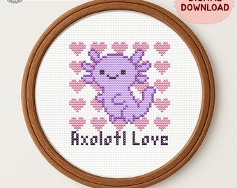 Patrón de punto de cruz de ajolote kawaii: Arte de aro de animales fácil para principiantes, PDF para guardar patrones