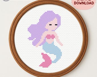 Patrón de punto de cruz de sirena de ensueño, decoración de pared para habitación infantil, diseño náutico, archivo PDF para guardar el patrón