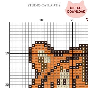 Puede incluir: Un patr&oacute;n de punto de cruz digital con un dise&ntilde;o de gato. El patr&oacute;n se muestra en una cuadr&iacute;cula con varios s&iacute;mbolos y colores, incluyendo marr&oacute;n, naranja y negro. Las palabras "DIGITAL DOWNLOAD" est&aacute;n en la esquina superior derecha.
