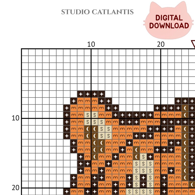 Puede incluir: Un patr&oacute;n de punto de cruz digital con un dise&ntilde;o de gato. El patr&oacute;n se muestra en una cuadr&iacute;cula con varios s&iacute;mbolos y colores, incluyendo marr&oacute;n, naranja y negro. Las palabras "DIGITAL DOWNLOAD" est&aacute;n en la esquina superior derecha.