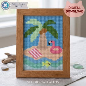 Tropical Island Cross Stitch Pattern, Summer Vacation Chart, Flamingo Palm Tree, Pattern Keeper PDF