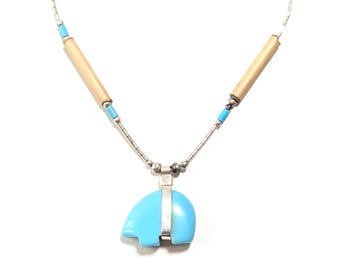 Collar de turquesa con forma de oso Zuni de plata esterlina 925, nativo americano, 16 pulgadas, 4 g