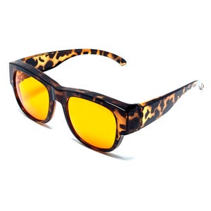 May include: Sunglasses with a thick, brown and black tortoiseshell pattern frame and bright orange, reflective lenses. The eyewear features a wide, rectangular shape with extended side shields that wrap around the temples for full coverage.