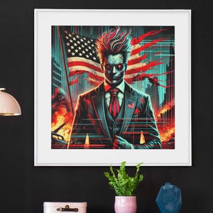 Può includere: Una stampa d'arte digitale di un uomo in abito con una bandiera americana rosso, bianco e blu dietro di lui. L'uomo ha un viso simile a un teschio e tiene una pistola. Lo sfondo è un paesaggio digitale scuro.