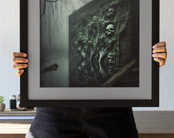 May include: A framed print of a dark, mossy wall with multiple skulls and skeletal hands protruding from it. The wall is set against a foggy, forest background.