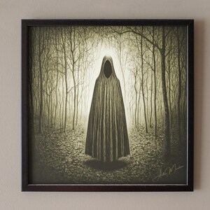 May include: A black and white drawing of a hooded figure standing in a forest. The figure is wearing a long, flowing robe and has a hood pulled over their head. The forest is dark and mysterious, with tall trees and thick foliage.