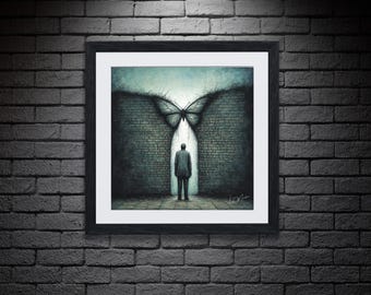 May include: A framed print of a surrealist painting depicting a man standing in front of a wall with a large butterfly emerging from a hole in the wall. The butterfly is black and white, and the man is wearing a dark suit. The background is a dark blue.