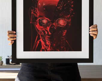 Cyber Gothic AI Skull Konsttryck: Mörk Futuristisk Dekor (Digital Nedladdning)