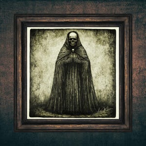 May include: A framed, black and white illustration of a robed figure with a skull face. The figure is standing with hands clasped, wearing a long, dark cloak. The artwork is in a dark wooden frame, set against a textured background.