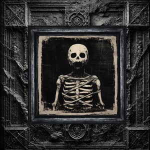 Puede incluir: Una ilustración en blanco y negro de un esqueleto con cara de calavera, atado con una cuerda, en un marco de estilo antiguo y desgastado.