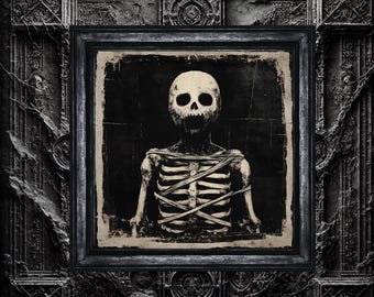 May include: A black and white illustration of a skeleton with a skull face, bound with rope, in a distressed, antique-style frame.