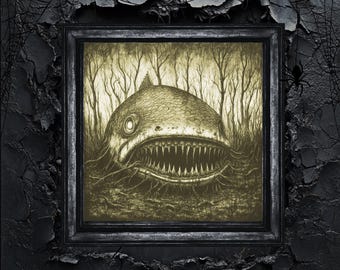 May include: A black and white drawing of a monstrous fish with sharp teeth and a large eye, framed in a dark wood frame. The fish is depicted in a dark, swampy environment.