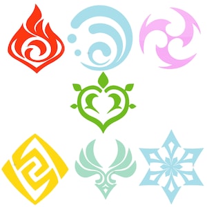 May include: Seven stylized symbols representing different elements. The symbols are in a variety of colors, including red, blue, pink, green, yellow, and light blue. The symbols are arranged in a grid pattern.