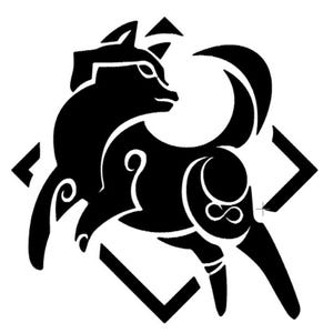 May include: Black and white stylized illustration of a wolf or dog inside a diamond shape.