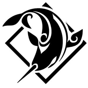 Può includere: Illustrazione stilizzata in bianco e nero di un pesce che salta fuori da un quadrato. Il pesce ha un muso lungo e appuntito e una coda curva.