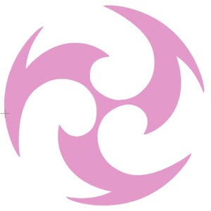 May include: A pink stylized three-pointed star design with a swirling pattern.