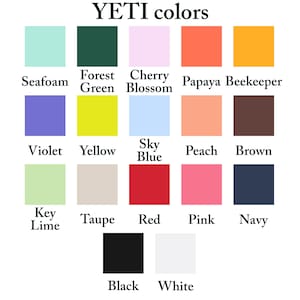 a collection of 16 different colors, each corresponding to a different YETI brand. These colors include various shades of green, blue, orange, pink, and black, as well as some unique combinations like sea foam, forest green, cherry blossom, and key lime.