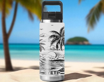 Palm Tree Sunset Engraved YETI Bottle – 12oz 18oz 26oz 36oz 46oz – Tropical Beach Laser Art – Straw or Chug Cap
