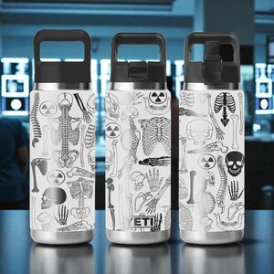 May include: Three white stainless steel water bottles with black lids, each featuring a repeating black graphic print of human skeletal anatomy, including skulls, rib cages, spines, and hands, interspersed with small black radiation warning symbols.