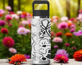 Bold Flower Line Art YETI Bottle – 12oz 18oz 26oz 36oz 46oz