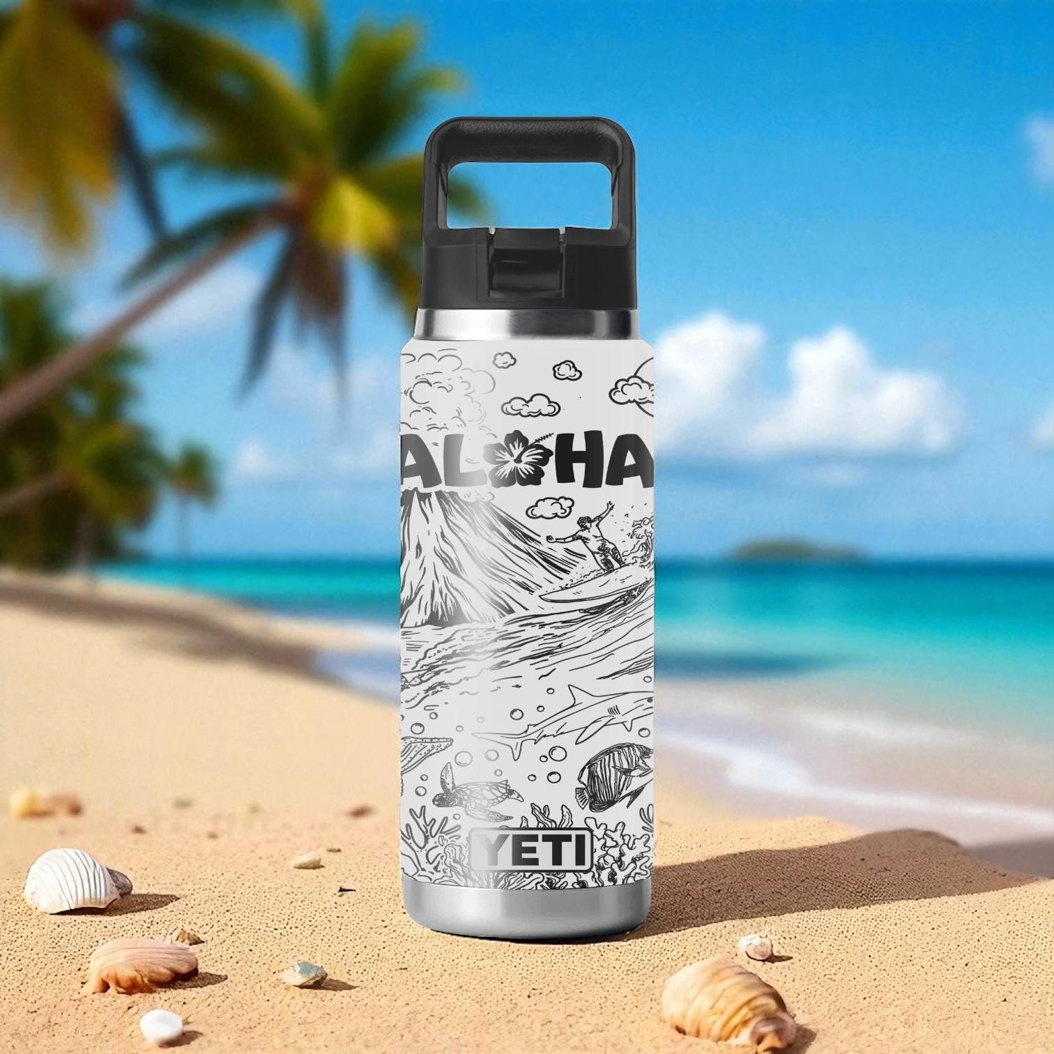 Aloha YETI Tumbler – Engraved Hawaii Surf and Beach Scene
