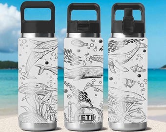 Whale Ocean YETI Becher – Gravierte Sea Life Wrap mit Walen, Korallen und Fischen – Geschenk für Kinder und Meeresliebhaber