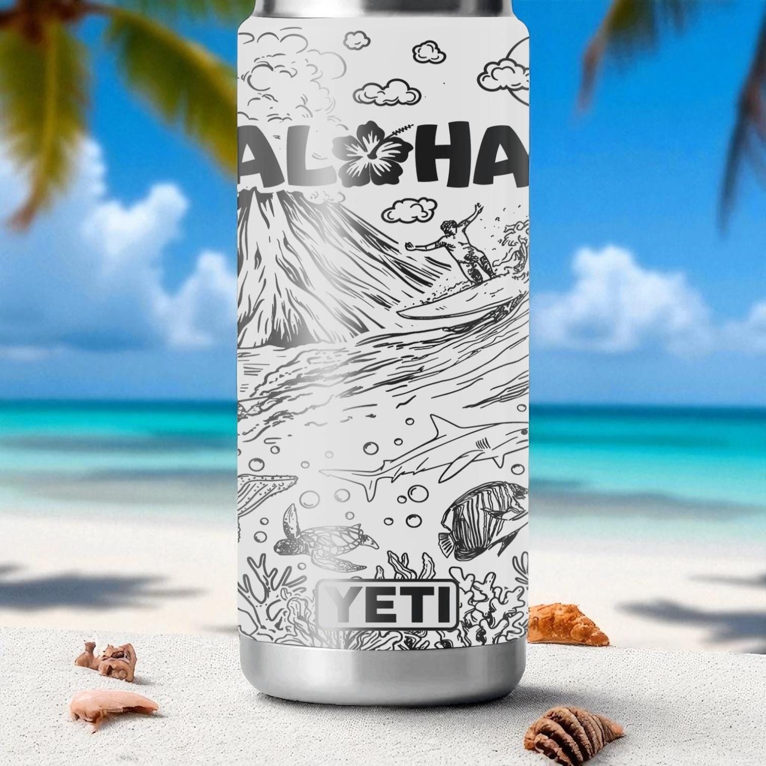 Aloha YETI Tumbler – Engraved Hawaii Surf and Beach Scene