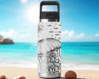 Quallen Ozean YETI Becher – Laser gravierte Sea Life Design – Rambler 12oz 18oz 26oz 36oz 46oz – Chug oder Strohkappe – Marine Geschenkidee