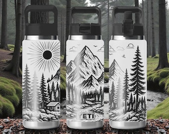 Vaso Yeti con diseño de bosque de montaña, envoltorio con paisaje natural grabado, tamaño rambler: 12 oz, 18 oz, 26 oz, 36 oz, 46 oz, tapa de paja o para chupete, regalo para exteriores.