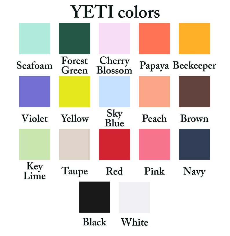 a collection of 16 different colors, each corresponding to a different YETI brand. These colors include various shades of green, blue, orange, pink, and black, as well as some unique combinations like sea foam, forest green, cherry blossom, and key lime.