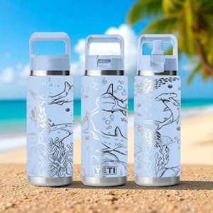 Shark YETI Tumbler – Engraved Ocean Predator Wrap – Rambler 12oz 18oz 26oz 36oz 46oz – Chug or Straw Cap – Cool Gift for Sea Life Fans