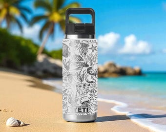 Ocean Life YETI Becher – Wrap mit Gravur Meereskreaturen – Rambler 12oz 18oz 26oz 36oz 46oz – Trinkhalme – Geschenk für Naturfans