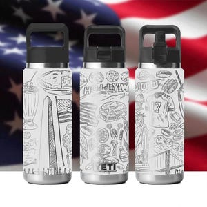 American Icons YETI Tumbler – USA-Themed Engraved Design – Rambler 12oz 18oz 26oz 36oz 46oz – Chug or Straw Cap