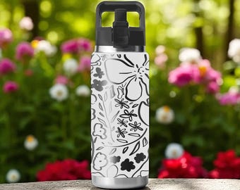 Bold Flower Line Art YETI Bottle – 12oz 18oz 26oz 36oz 46oz